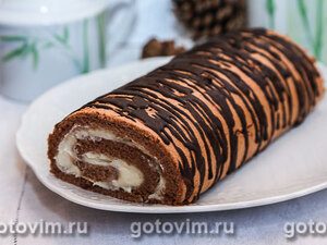 Шоколадный рулет заварным кокосовым кремом